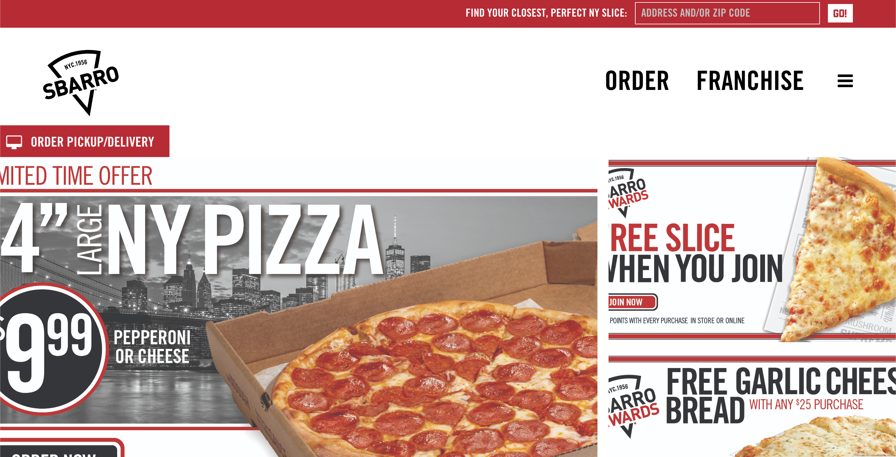 Sbarro pizza homepage